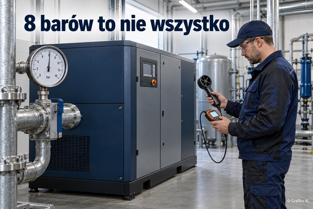 Technik przy sprężarce śrubowej i manometrze wskazującym 8 barów