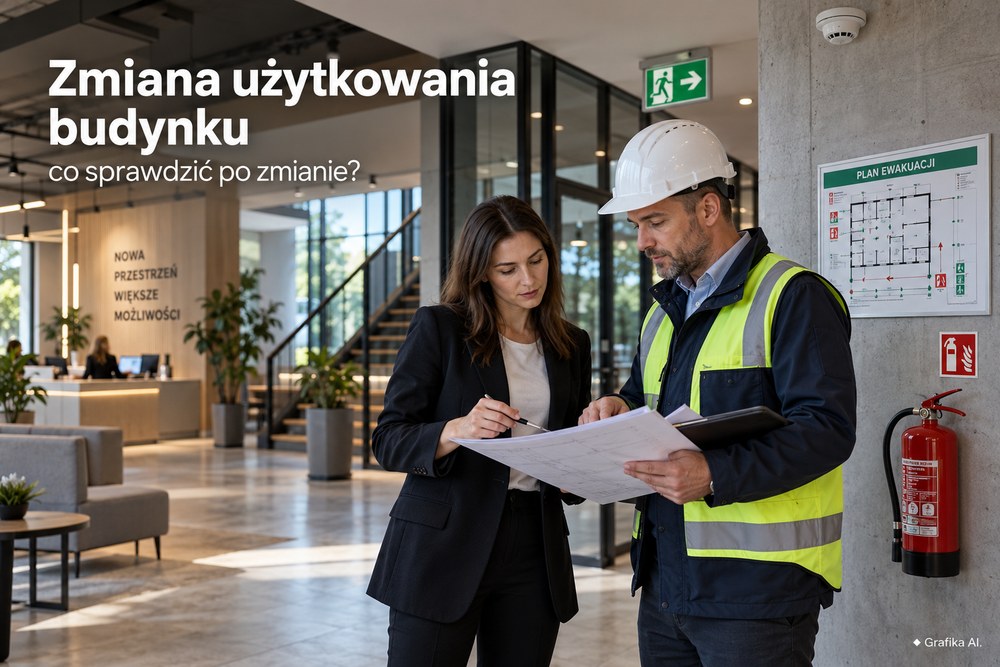 Ilustracja AI: kontrola planów i zabezpieczeń przeciwpożarowych po zmianie użytkowania budynku